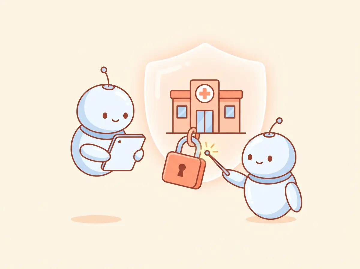 Two HeyDental robots probe a padlock on a shielded clinic — ethical Red Team testing.