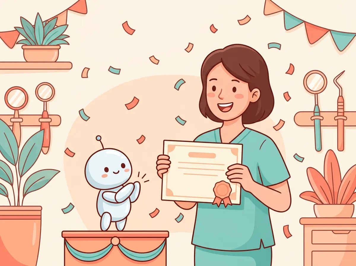 Staff celebrating a blank peach-sealed HIPAA Center certificate with a helper robot and confetti.
