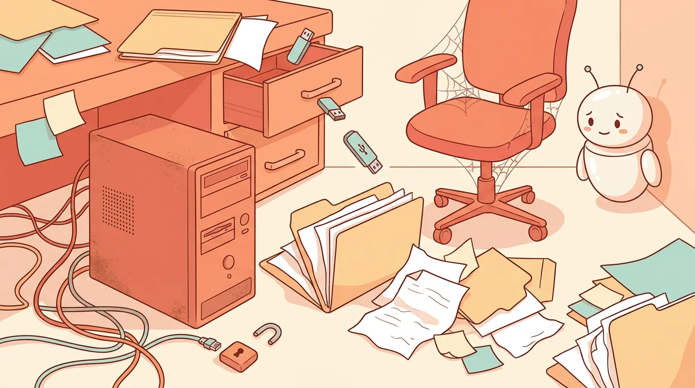 Illustrated chaos of traditional dental IT — tangled cables, USB sticks, empty webmaster chair, worried helper robot.