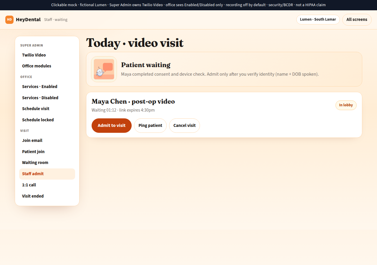 SAMPLE staff admit screen before minting the patient video token