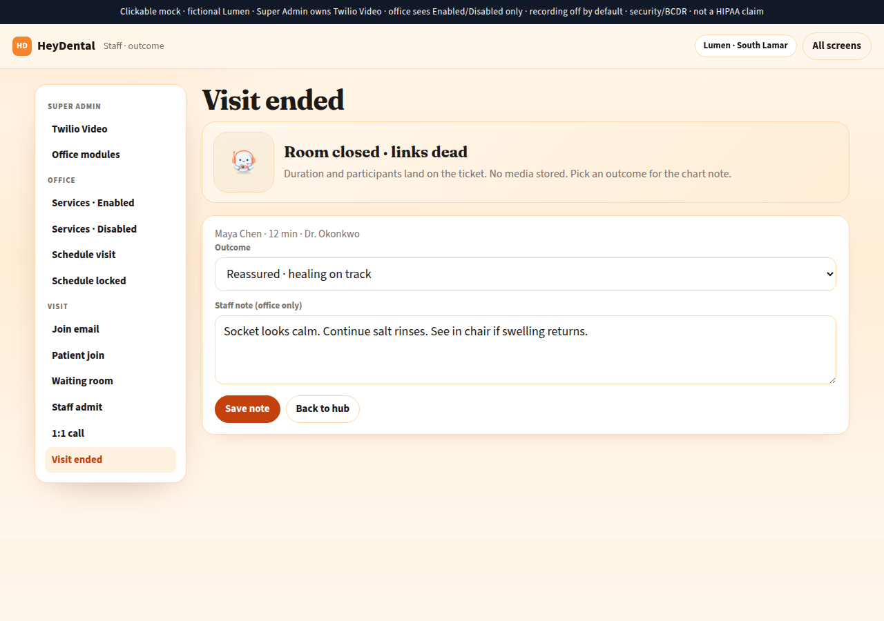 SAMPLE visit ended screen with outcome note on the patient record