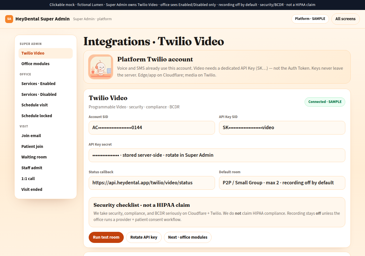 SAMPLE Super Admin Twilio Video integration with connected status
