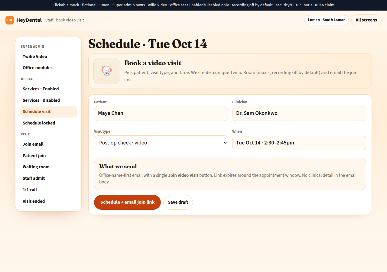 SAMPLE staff schedule screen for a video visit with patient, clinician, type, and time