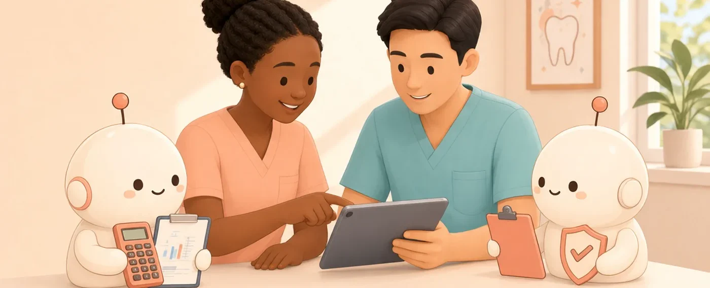Staff and helper robots reviewing a visit on a tablet